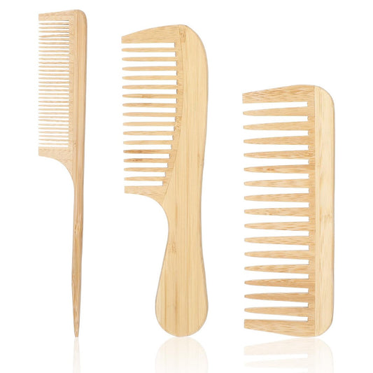 3er Set Naturhandgemachte Bambus Anti-Statik Kämme - Grobzahnig, Rattenschwanz und Feinzahnig, Holzkämme für Haare und Bart, Reisefreundlich, Handpoliert