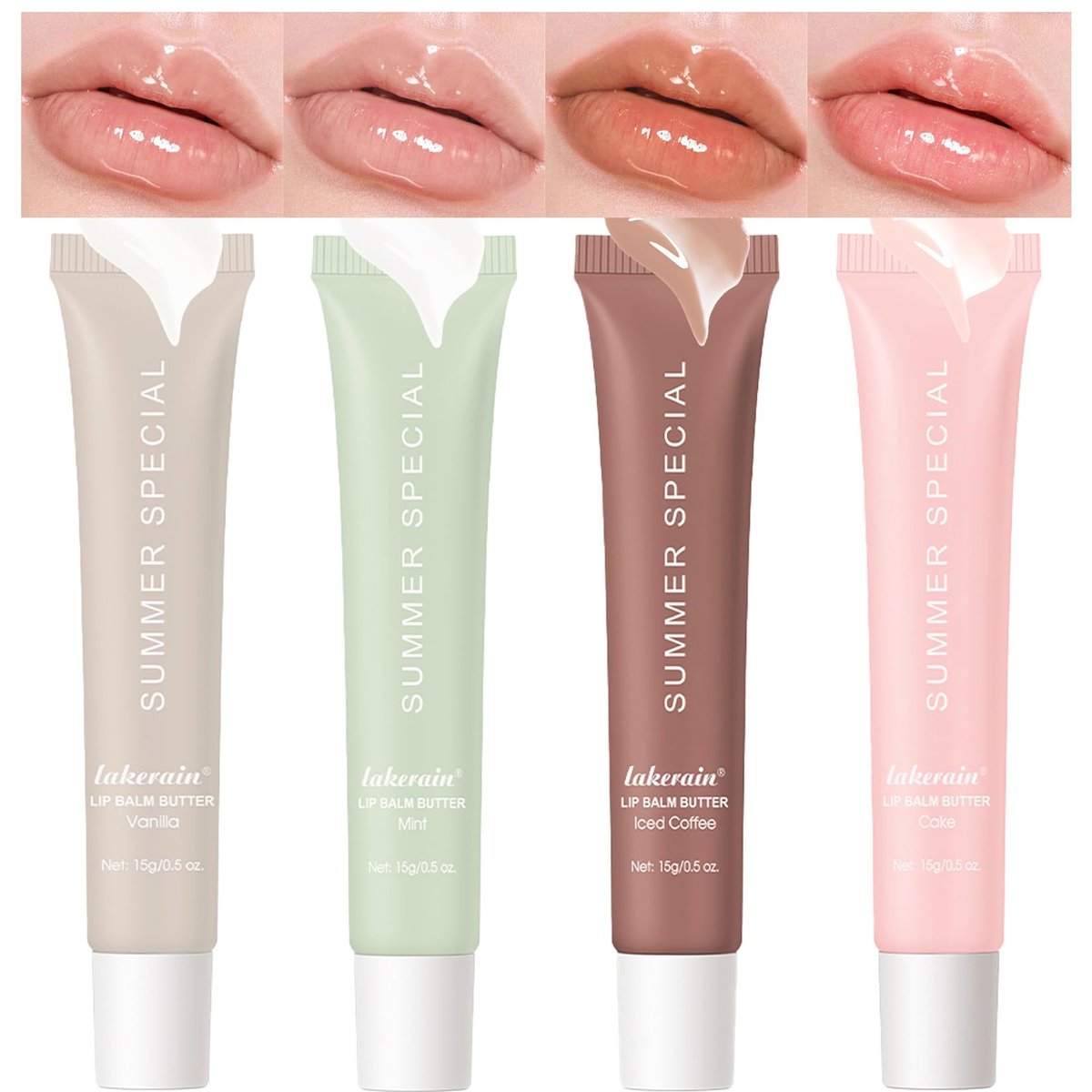 Lakerain 4er-Set Lip Glossy Butter Nourishing Balm – Leicht, nicht klebrig, lang anhaltende Lippenpflege