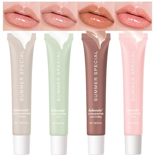 Lakerain 4er-Set Lip Glossy Butter Nourishing Balm – Leicht, nicht klebrig, lang anhaltende Lippenpflege