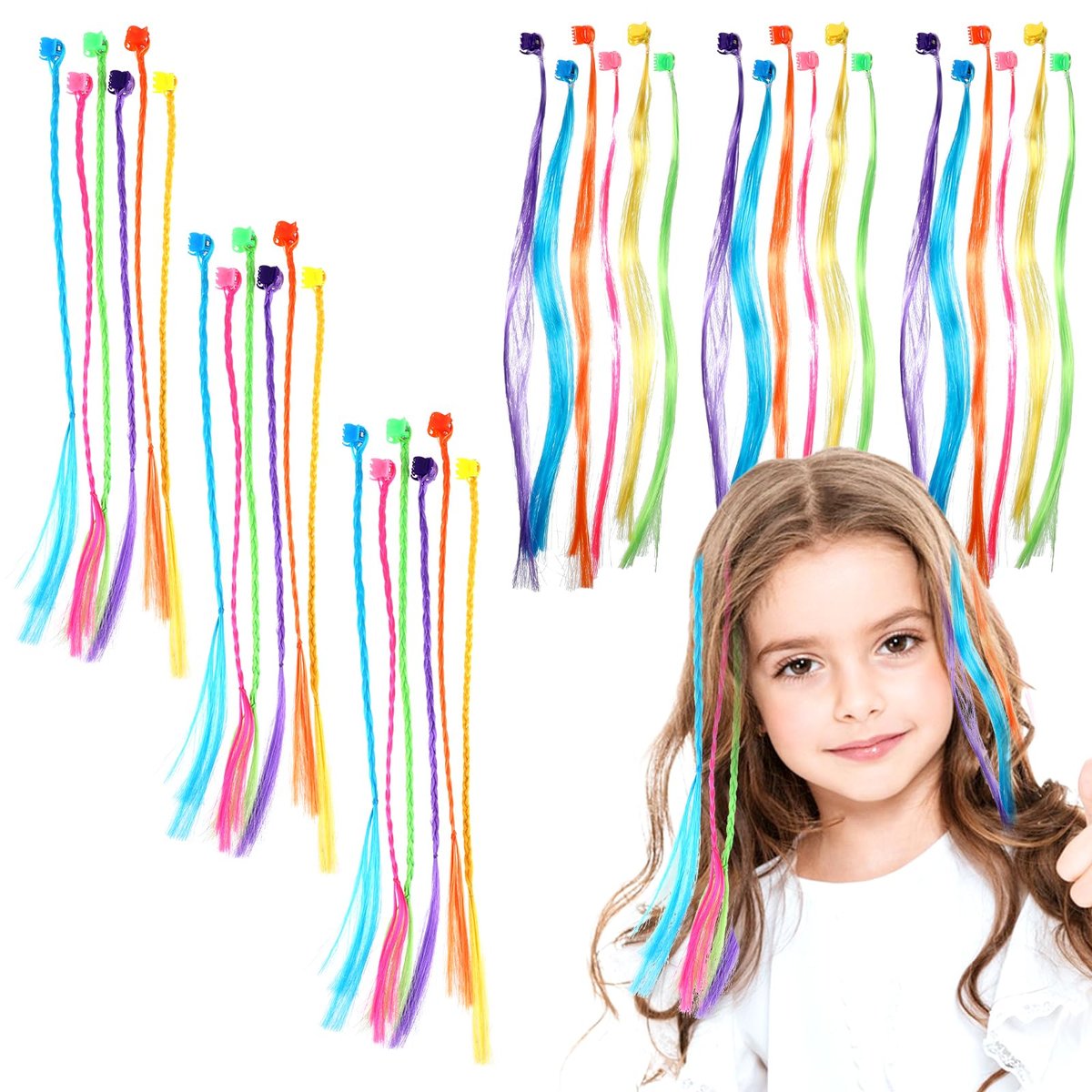 Vin Beauty 36-teilige farbige Haarverlängerungen für Mädchen, Clip-In, 33 cm Länge, Pink, Blau, Lila, Orange, Grün, Gelb, Zopf- & Glattstile