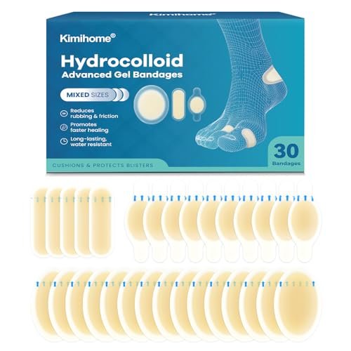 Kimihome Hydrokolloid Blasenpflaster für Füße – 30 Stück Gel-Blasenpflaster – Blasenkissen für Ferse, Zeh – Blasenschutz für Reisen – Wasserabweisende Pflaster (Sortiert)