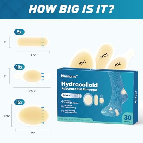 Kimihome Hydrokolloid Blasenpflaster für Füße – 30 Stück Gel-Blasenpflaster – Blasenkissen für Ferse, Zeh – Blasenschutz für Reisen – Wasserabweisende Pflaster (Sortiert)