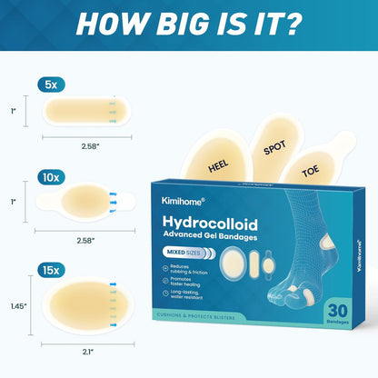 Kimihome Hydrokolloid Blasenpflaster für Füße – 30 Stück Gel-Blasenpflaster – Blasenkissen für Ferse, Zeh – Blasenschutz für Reisen – Wasserabweisende Pflaster (Sortiert)