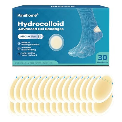 Kimihome Hydrokolloid-Blasenpflaster für die Füße – 30 Stück Gel-Blasenpflaster – Blasenkissen für Ferse, Zeh – Blasenschutz für Reisen – Wasserbeständige Pflaster (Fersenpackung)