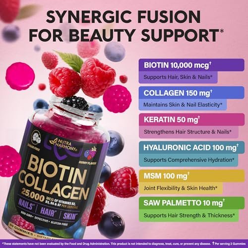 Biotin Gummis mit Kollagen – Haarwachstum, Haut & Nägel – für Frauen & Männer – Biotin 10000mcg | Keratin | Hyaluronsäure | B-Komplex | Brennnessel – Zuckerfrei, gemischte Beeren – 60 Gummis
