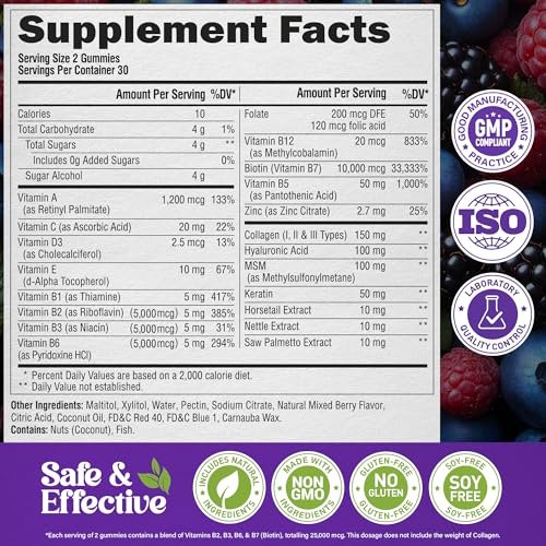 Biotin Gummis mit Kollagen – Haarwachstum, Haut & Nägel – für Frauen & Männer – Biotin 10000mcg | Keratin | Hyaluronsäure | B-Komplex | Brennnessel – Zuckerfrei, gemischte Beeren – 60 Gummis