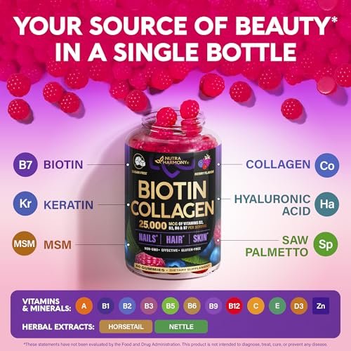 Biotin Gummis mit Kollagen – Haarwachstum, Haut & Nägel – für Frauen & Männer – Biotin 10000mcg | Keratin | Hyaluronsäure | B-Komplex | Brennnessel – Zuckerfrei, gemischte Beeren – 60 Gummis