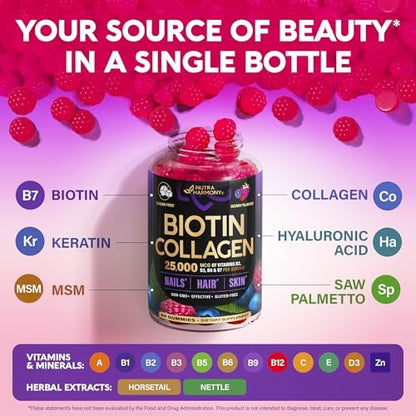 Biotin Gummis mit Kollagen – Haarwachstum, Haut & Nägel – für Frauen & Männer – Biotin 10000mcg | Keratin | Hyaluronsäure | B-Komplex | Brennnessel – Zuckerfrei, gemischte Beeren – 60 Gummis
