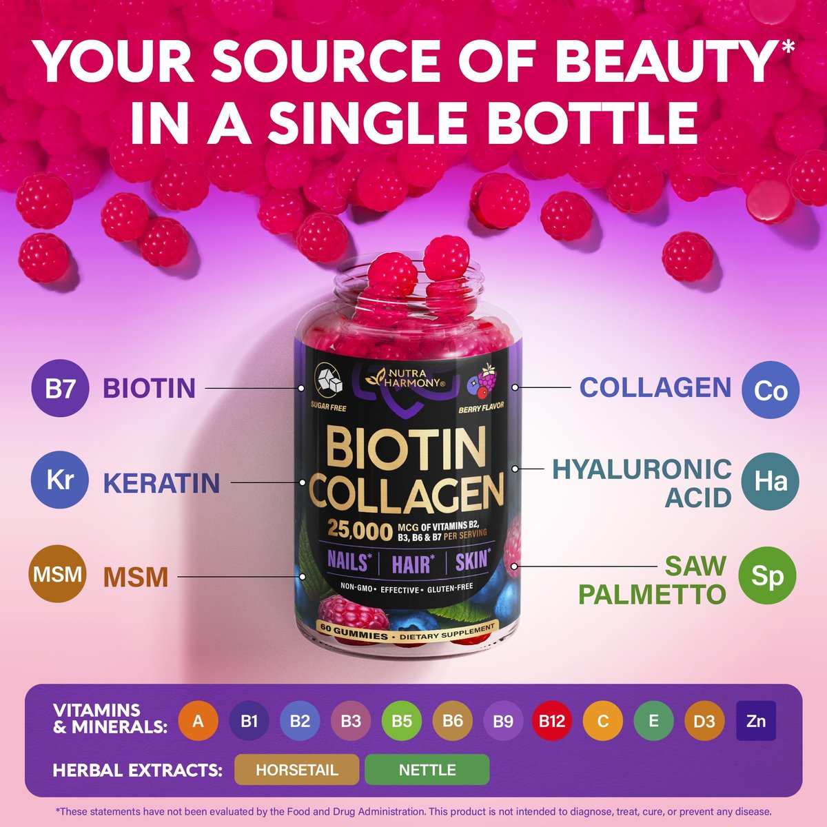 Biotin Gummis mit Kollagen – Haarwachstum, Haut & Nägel – für Frauen & Männer – Biotin 10000mcg | Keratin | Hyaluronsäure | B-Komplex | Brennnessel – Zuckerfrei, gemischte Beeren – 60 Gummis