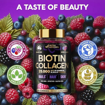 Biotin Gummis mit Kollagen – Haarwachstum, Haut & Nägel – für Frauen & Männer – Biotin 10000mcg | Keratin | Hyaluronsäure | B-Komplex | Brennnessel – Zuckerfrei, gemischte Beeren – 60 Gummis