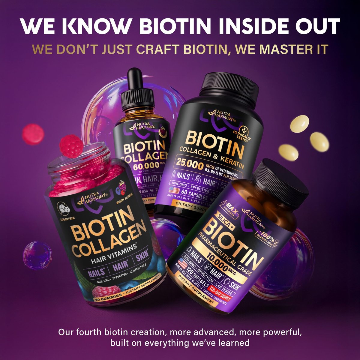 Biotin Gummis mit Kollagen – Haarwachstum, Haut & Nägel – für Frauen & Männer – Biotin 10000mcg | Keratin | Hyaluronsäure | B-Komplex | Brennnessel – Zuckerfrei, gemischte Beeren – 60 Gummis