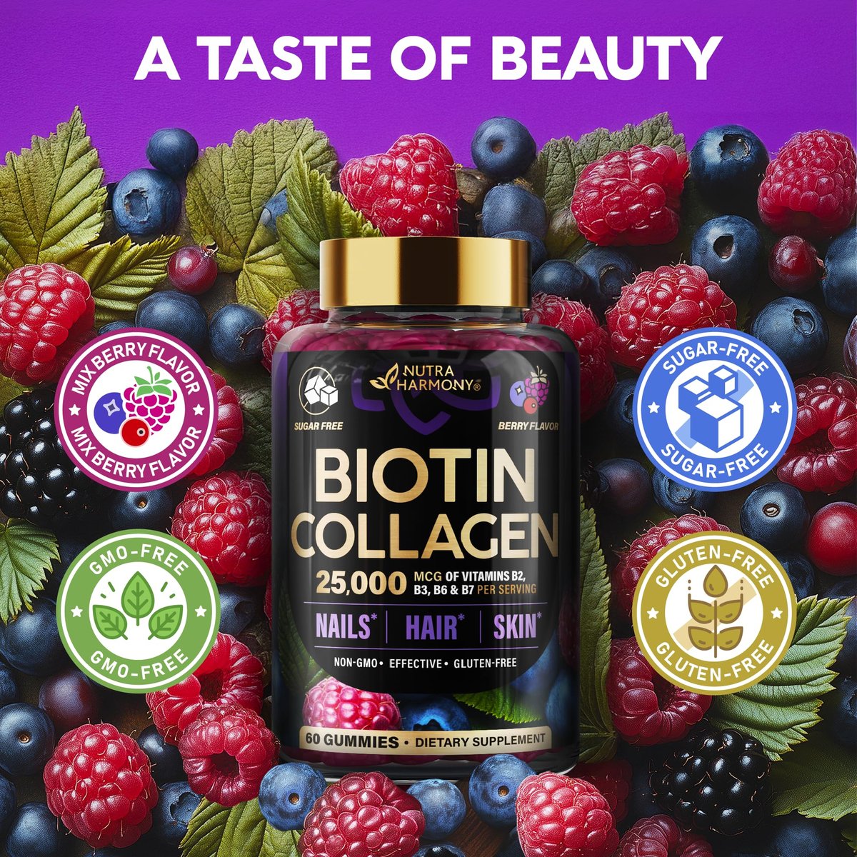 Biotin Gummis mit Kollagen – Haarwachstum, Haut & Nägel – für Frauen & Männer – Biotin 10000mcg | Keratin | Hyaluronsäure | B-Komplex | Brennnessel – Zuckerfrei, gemischte Beeren – 60 Gummis