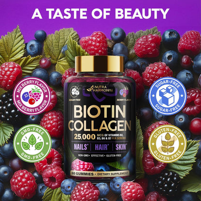 Biotin Gummis mit Kollagen – Haarwachstum, Haut & Nägel – für Frauen & Männer – Biotin 10000mcg | Keratin | Hyaluronsäure | B-Komplex | Brennnessel – Zuckerfrei, gemischte Beeren – 60 Gummis