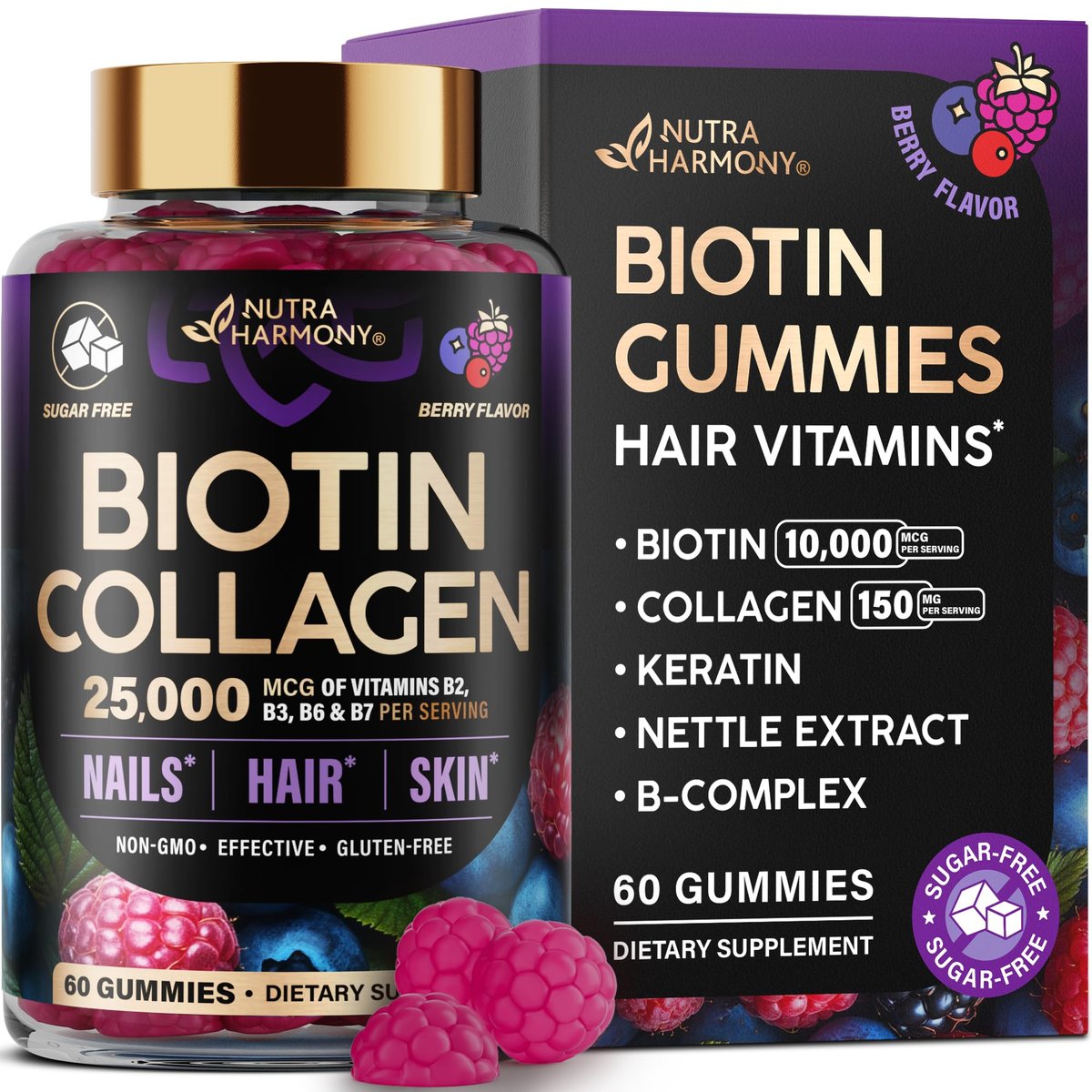 Biotin Gummis mit Kollagen – Haarwachstum, Haut & Nägel – für Frauen & Männer – Biotin 10000mcg | Keratin | Hyaluronsäure | B-Komplex | Brennnessel – Zuckerfrei, gemischte Beeren – 60 Gummis