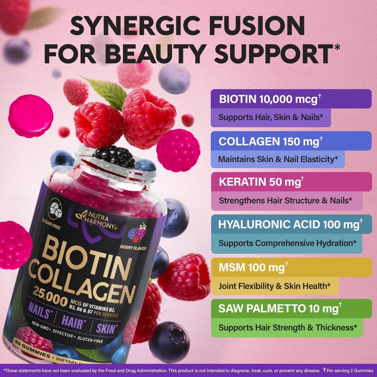 Biotin Gummis mit Kollagen – Haarwachstum, Haut & Nägel – für Frauen & Männer – Biotin 10000mcg | Keratin | Hyaluronsäure | B-Komplex | Brennnessel – Zuckerfrei, gemischte Beeren – 60 Gummis