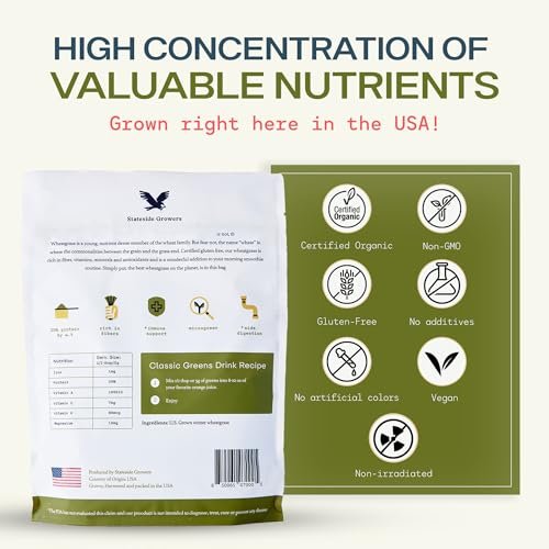 Stateside Growers Bio Weizengraspulver – 100 % Vollblattpulver für Energie, Entgiftung & Immununterstützung – Reich an Immunvitaminen, Ballaststoffen und Mineralien – Vegan, Roh & Glutenfrei (227 g)