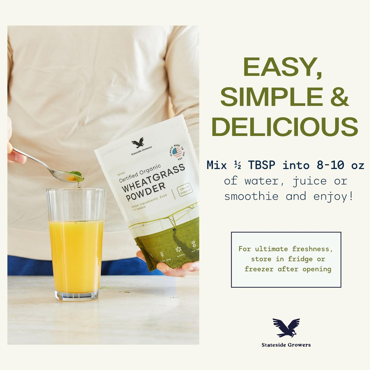 Stateside Growers Bio Weizengraspulver – 100 % Vollblattpulver für Energie, Entgiftung & Immununterstützung – Reich an Immunvitaminen, Ballaststoffen und Mineralien – Vegan, Roh & Glutenfrei (227 g)