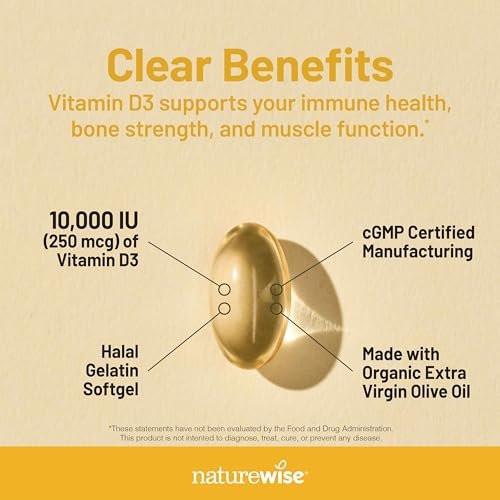 NatureWise Vitamin D3 10.000 IE (250 mcg) – 30-Tage-Versorgung – Hochdosiert für gesunde Immunfunktion und Muskelfunktion – Non-GMO, glutenfrei in Bio-Olivenöl extra vergine (Mini-Weichkapseln), 30 Stück