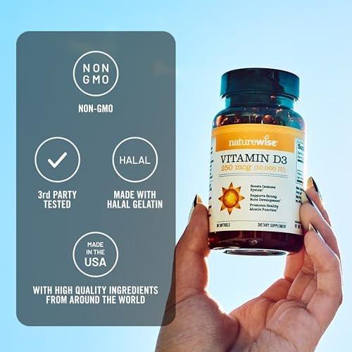 NatureWise Vitamin D3 10.000 IE (250 mcg) – 30-Tage-Versorgung – Hochdosiert für gesunde Immunfunktion und Muskelfunktion – Non-GMO, glutenfrei in Bio-Olivenöl extra vergine (Mini-Weichkapseln), 30 Stück