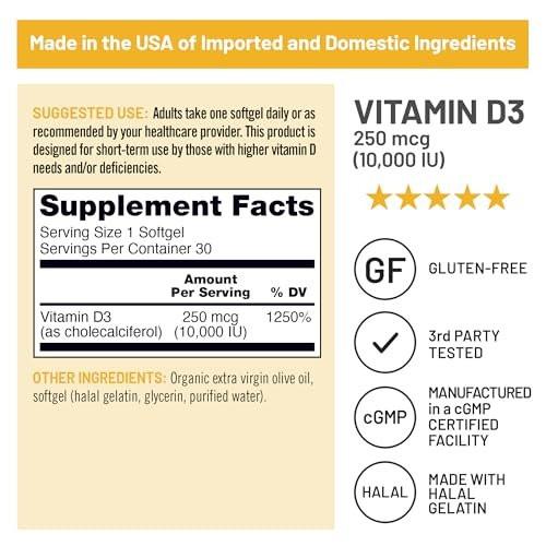 NatureWise Vitamin D3 10.000 IE (250 mcg) – 30-Tage-Versorgung – Hochdosiert für gesunde Immunfunktion und Muskelfunktion – Non-GMO, glutenfrei in Bio-Olivenöl extra vergine (Mini-Weichkapseln), 30 Stück