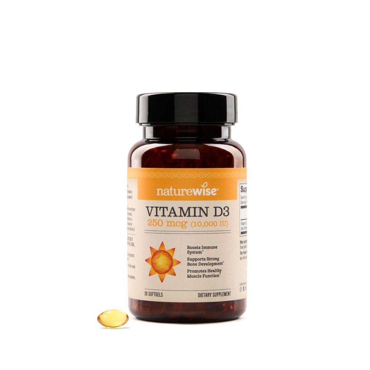 NatureWise Vitamin D3 10.000 IE (250 mcg) – 30-Tage-Versorgung – Hochdosiert für gesunde Immunfunktion und Muskelfunktion – Non-GMO, glutenfrei in Bio-Olivenöl extra vergine (Mini-Weichkapseln), 30 Stück