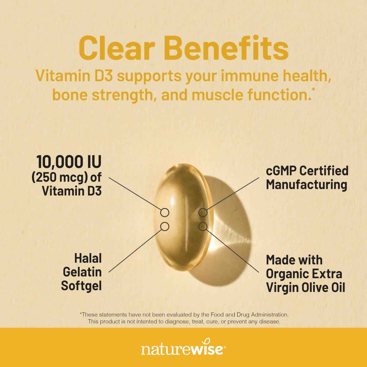 NatureWise Vitamin D3 10.000 IE (250 mcg) – 30-Tage-Versorgung – Hochdosiert für gesunde Immunfunktion und Muskelfunktion – Non-GMO, glutenfrei in Bio-Olivenöl extra vergine (Mini-Weichkapseln), 30 Stück