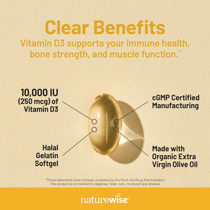 NatureWise Vitamin D3 10.000 IE (250 mcg) – 30-Tage-Versorgung – Hochdosiert für gesunde Immunfunktion und Muskelfunktion – Non-GMO, glutenfrei in Bio-Olivenöl extra vergine (Mini-Weichkapseln), 30 Stück