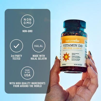 NatureWise Vitamin D3 10.000 IE (250 mcg) – 30-Tage-Versorgung – Hochdosiert für gesunde Immunfunktion und Muskelfunktion – Non-GMO, glutenfrei in Bio-Olivenöl extra vergine (Mini-Weichkapseln), 30 Stück