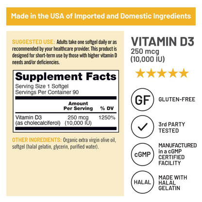 NatureWise Vitamin D3 10.000 IE (250 mcg) – 90 Kapseln – Hochdosiert für Immunsystem & Muskelfunktion – Non-GMO, glutenfrei in Bio-Olivenöl – Mini Weichkapseln
