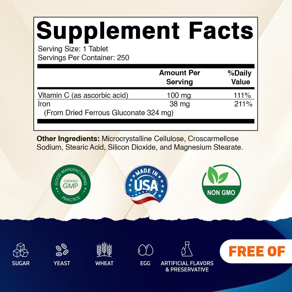 Vitamatic Ferrous Gluconat 324 mg + Vitamin C 100 mg – Ohne künstliche Farbstoffe – Magenschonend – 250 Tabletten – Hergestellt in den USA