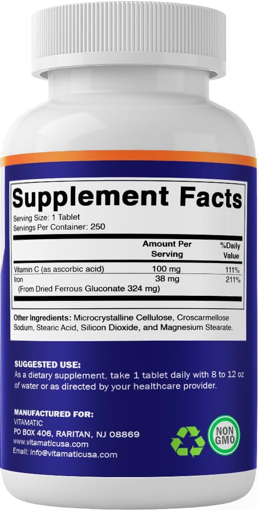 Vitamatic Ferrous Gluconat 324 mg + Vitamin C 100 mg – Ohne künstliche Farbstoffe – Magenschonend – 250 Tabletten – Hergestellt in den USA