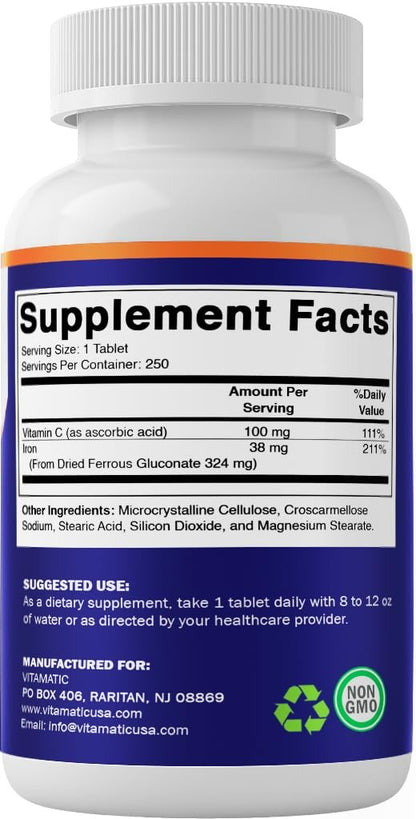 Vitamatic Ferrous Gluconat 324 mg + Vitamin C 100 mg – Ohne künstliche Farbstoffe – Magenschonend – 250 Tabletten – Hergestellt in den USA