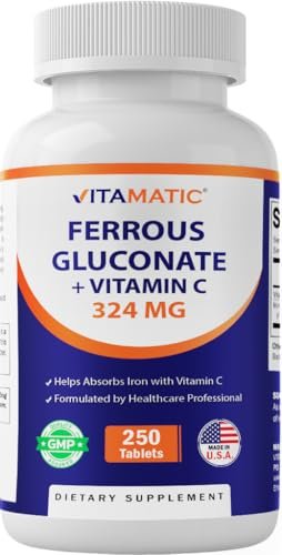 Vitamatic Ferrous Gluconat 324 mg + Vitamin C 100 mg – Ohne künstliche Farbstoffe – Magenschonend – 250 Tabletten – Hergestellt in den USA