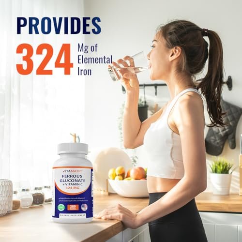 Vitamatic Ferrous Gluconat 324 mg + Vitamin C 100 mg – Ohne künstliche Farbstoffe – Magenschonend – 250 Tabletten – Hergestellt in den USA