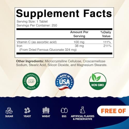 Vitamatic Ferrous Gluconat 324 mg + Vitamin C 100 mg – Ohne künstliche Farbstoffe – Magenschonend – 250 Tabletten – Hergestellt in den USA