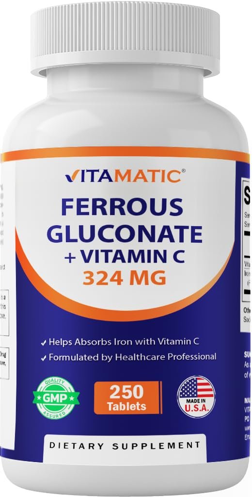 Vitamatic Ferrous Gluconat 324 mg + Vitamin C 100 mg – Ohne künstliche Farbstoffe – Magenschonend – 250 Tabletten – Hergestellt in den USA