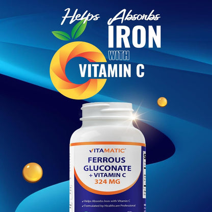 Vitamatic Ferrous Gluconat 324 mg + Vitamin C 100 mg – Ohne künstliche Farbstoffe – Magenschonend – 250 Tabletten – Hergestellt in den USA