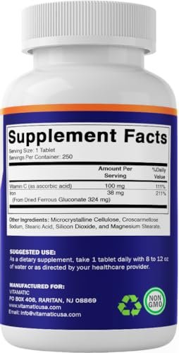 Vitamatic Ferrous Gluconat 324 mg + Vitamin C 100 mg – Ohne künstliche Farbstoffe – Magenschonend – 250 Tabletten – Hergestellt in den USA