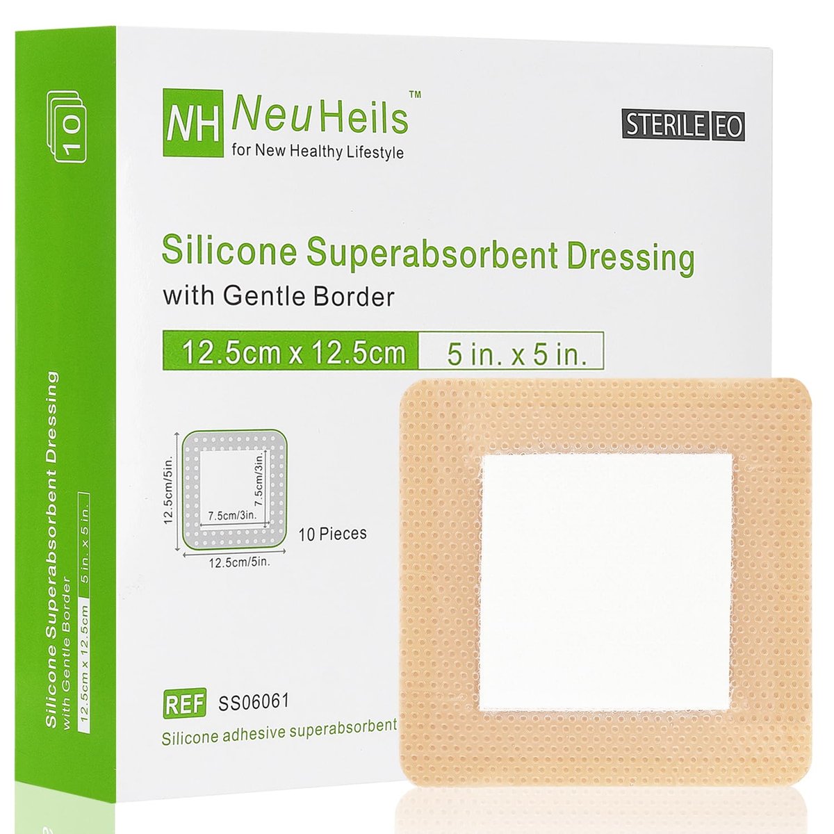 NeuHeils Silikon Super Saugfähiger Wundverband 13x13 cm, 10 Stück, Selbstklebende wasserdichte Bandage mit Ultrasorb-Polymer-Pad für stark exsudierende Wunden