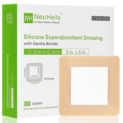 NeuHeils Silikon Super Saugfähiger Wundverband 13x13 cm, 10 Stück, Selbstklebende wasserdichte Bandage mit Ultrasorb-Polymer-Pad für stark exsudierende Wunden