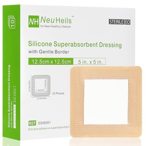 NeuHeils Silikon Super Saugfähiger Wundverband 13x13 cm, 10 Stück, Selbstklebende wasserdichte Bandage mit Ultrasorb-Polymer-Pad für stark exsudierende Wunden