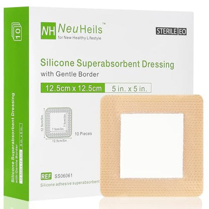 NeuHeils Silikon Super Saugfähiger Wundverband 13x13 cm, 10 Stück, Selbstklebende wasserdichte Bandage mit Ultrasorb-Polymer-Pad für stark exsudierende Wunden