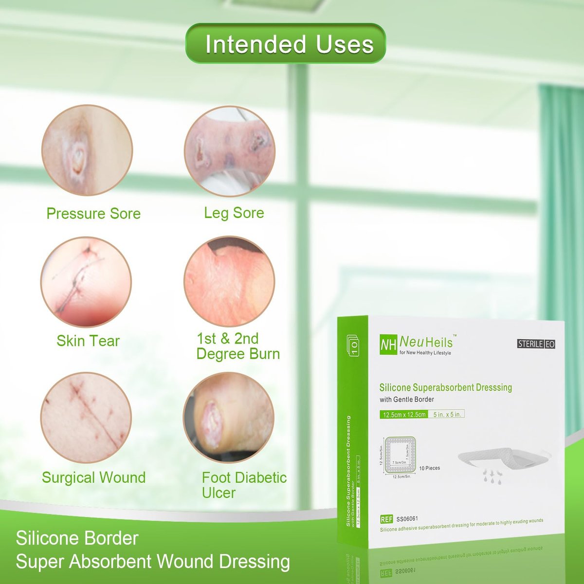 NeuHeils Silikon Super Saugfähiger Wundverband 13x13 cm, 10 Stück, Selbstklebende wasserdichte Bandage mit Ultrasorb-Polymer-Pad für stark exsudierende Wunden
