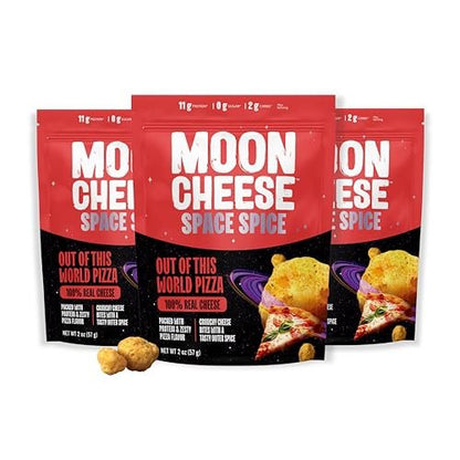 Moon Cheese Space Spice – Knuspriger, proteinreicher Käsesnack mit Pizza-Geschmack, keto-freundlich, 100 % echter Käse, kohlenhydratarm, glutenfrei, zuckerfrei, 3er-Pack (je 56 g)