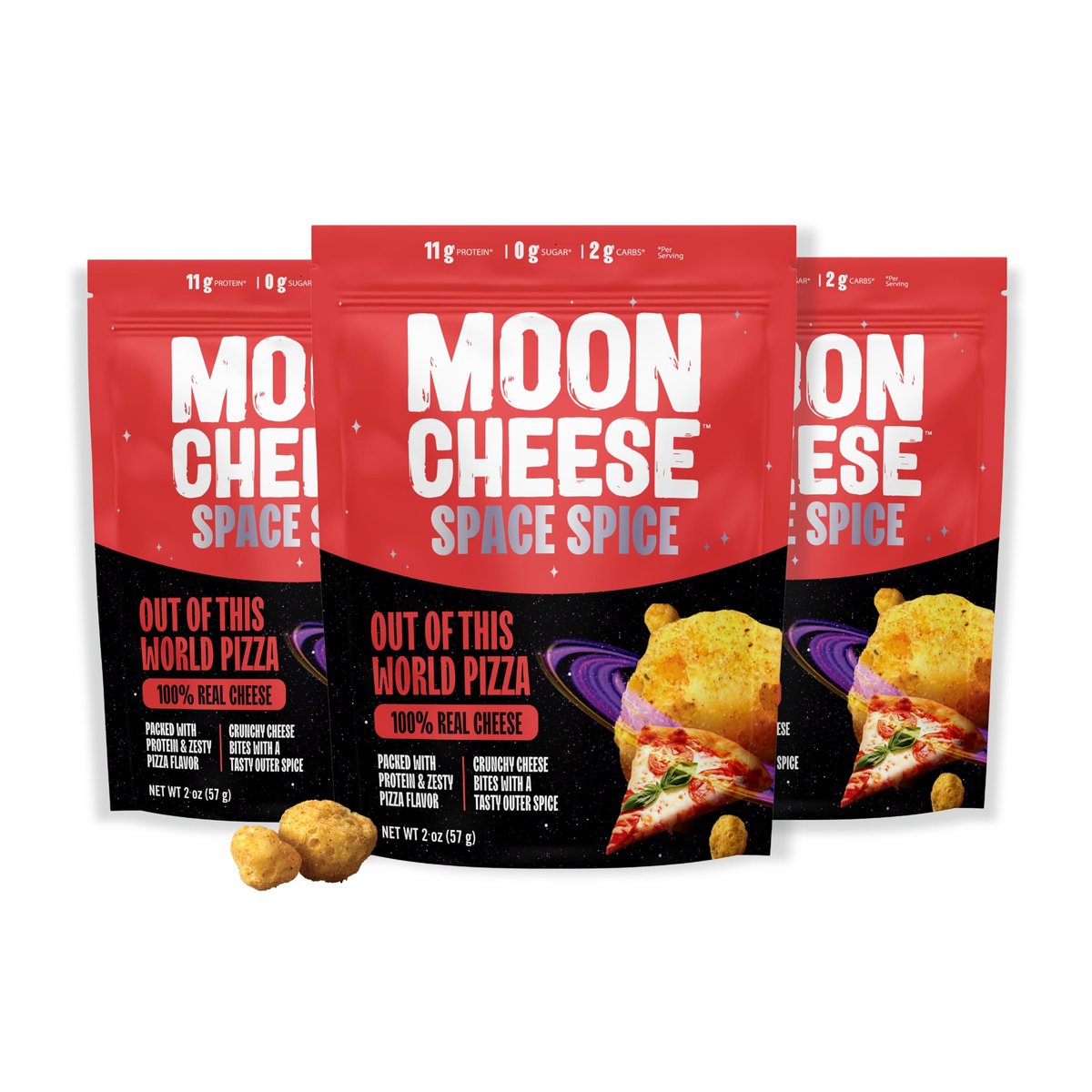 Moon Cheese Space Spice – Knuspriger, proteinreicher Käsesnack mit Pizza-Geschmack, keto-freundlich, 100 % echter Käse, kohlenhydratarm, glutenfrei, zuckerfrei, 3er-Pack (je 56 g)
