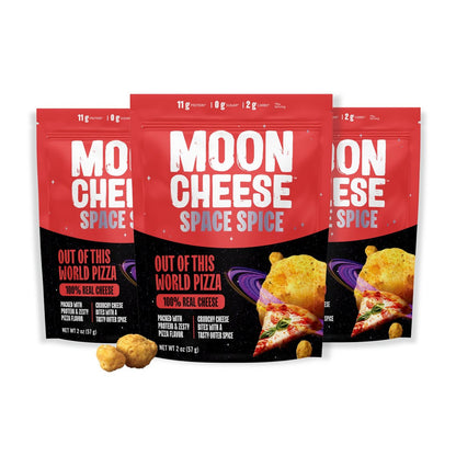 Moon Cheese Space Spice – Knuspriger, proteinreicher Käsesnack mit Pizza-Geschmack, keto-freundlich, 100 % echter Käse, kohlenhydratarm, glutenfrei, zuckerfrei, 3er-Pack (je 56 g)