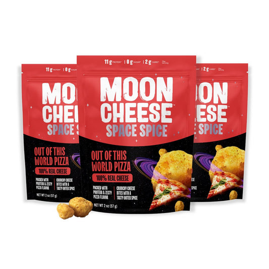 Moon Cheese Space Spice – Knuspriger, proteinreicher Käsesnack mit Pizza-Geschmack, keto-freundlich, 100 % echter Käse, kohlenhydratarm, glutenfrei, zuckerfrei, 3er-Pack (je 56 g)