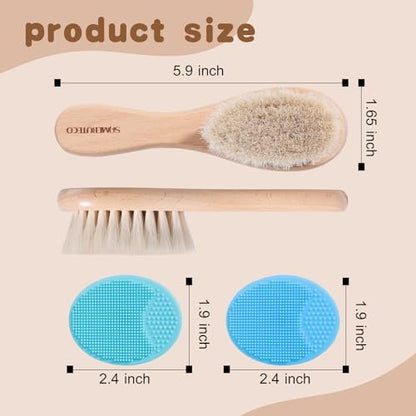 SAMEBUTECO Baby Haarbürsten Set, 3-in-1 Kit, 1 Pack Ziegenhaarbürste, 2 Stück Silikon-Wiegenkappenbürsten, Holzgriff, Neugeborenenbürste für Neugeborene und Kleinkinder