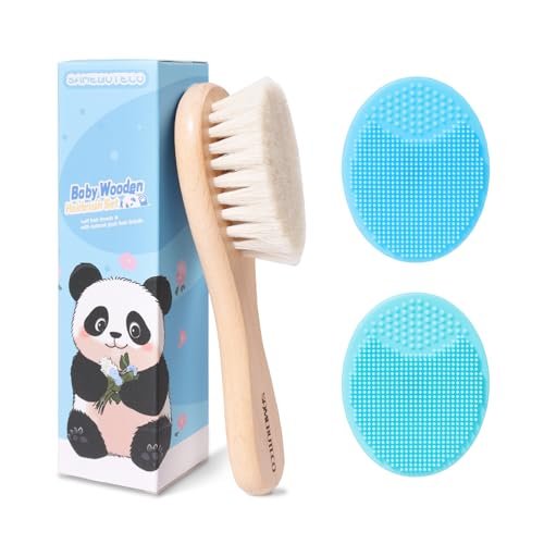 SAMEBUTECO Baby Haarbürsten Set, 3-in-1 Kit, 1 Pack Ziegenhaarbürste, 2 Stück Silikon-Wiegenkappenbürsten, Holzgriff, Neugeborenenbürste für Neugeborene und Kleinkinder