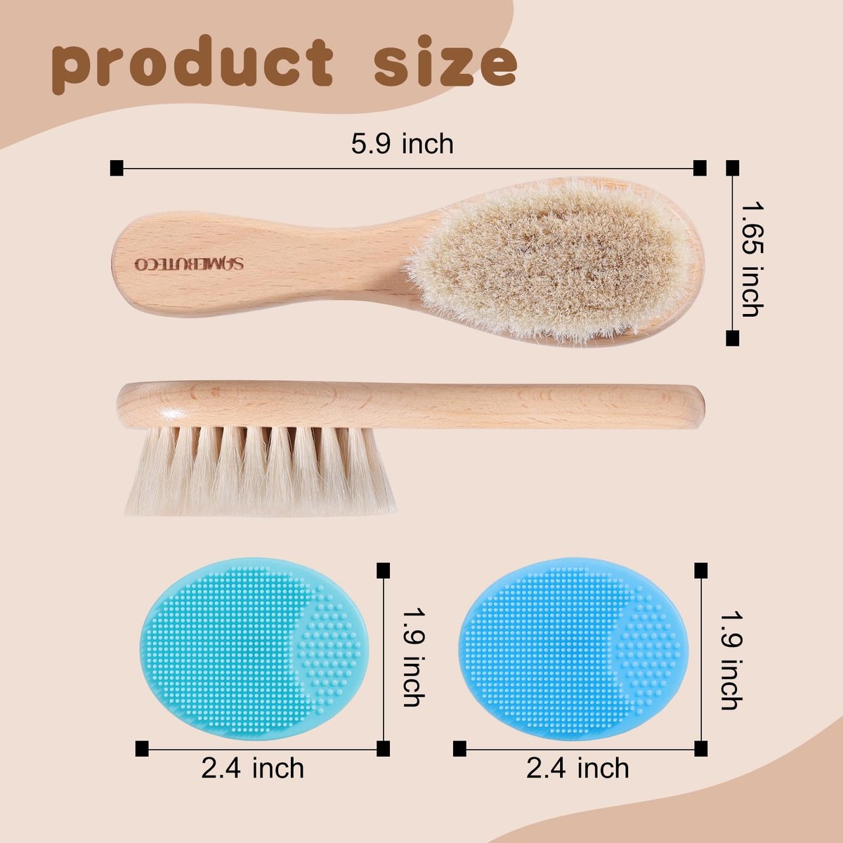 SAMEBUTECO Baby Haarbürsten Set, 3-in-1 Kit, 1 Pack Ziegenhaarbürste, 2 Stück Silikon-Wiegenkappenbürsten, Holzgriff, Neugeborenenbürste für Neugeborene und Kleinkinder